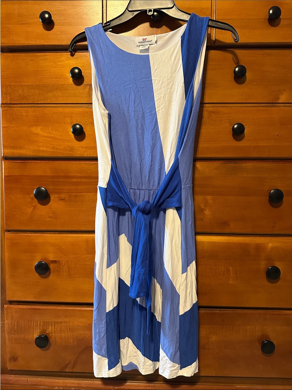 Vineyard Vines Blue and White Sleeveless Knot-Front Midi Dress